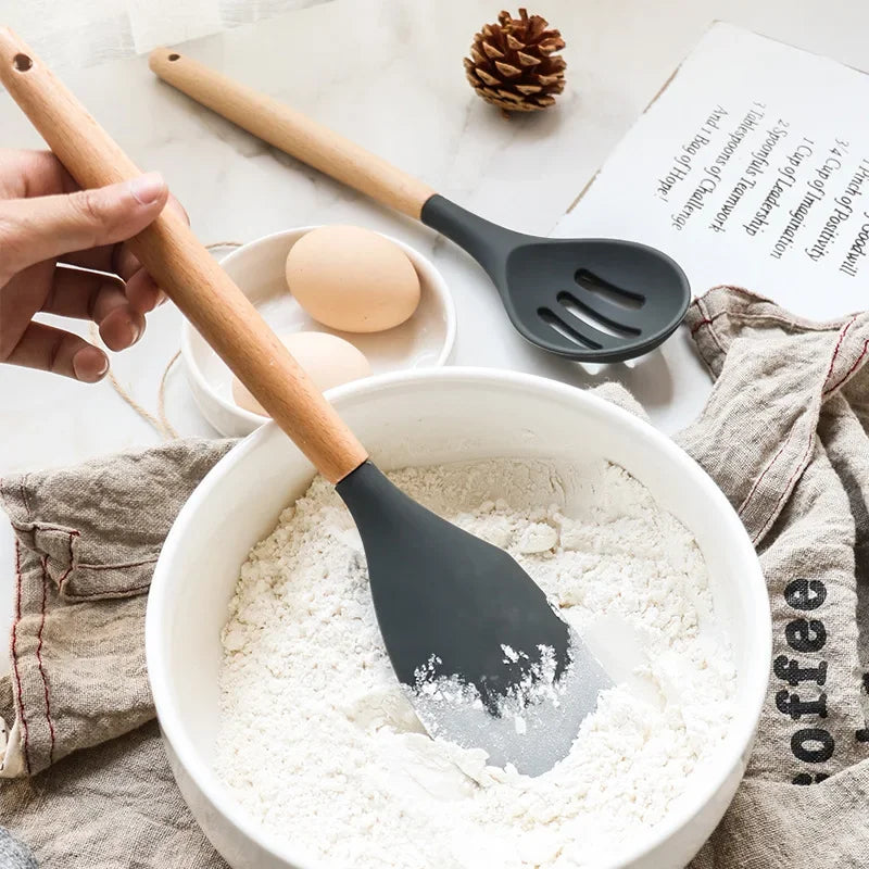 12-Piece Silicone Kitchen Utensil Set with Wooden Handles