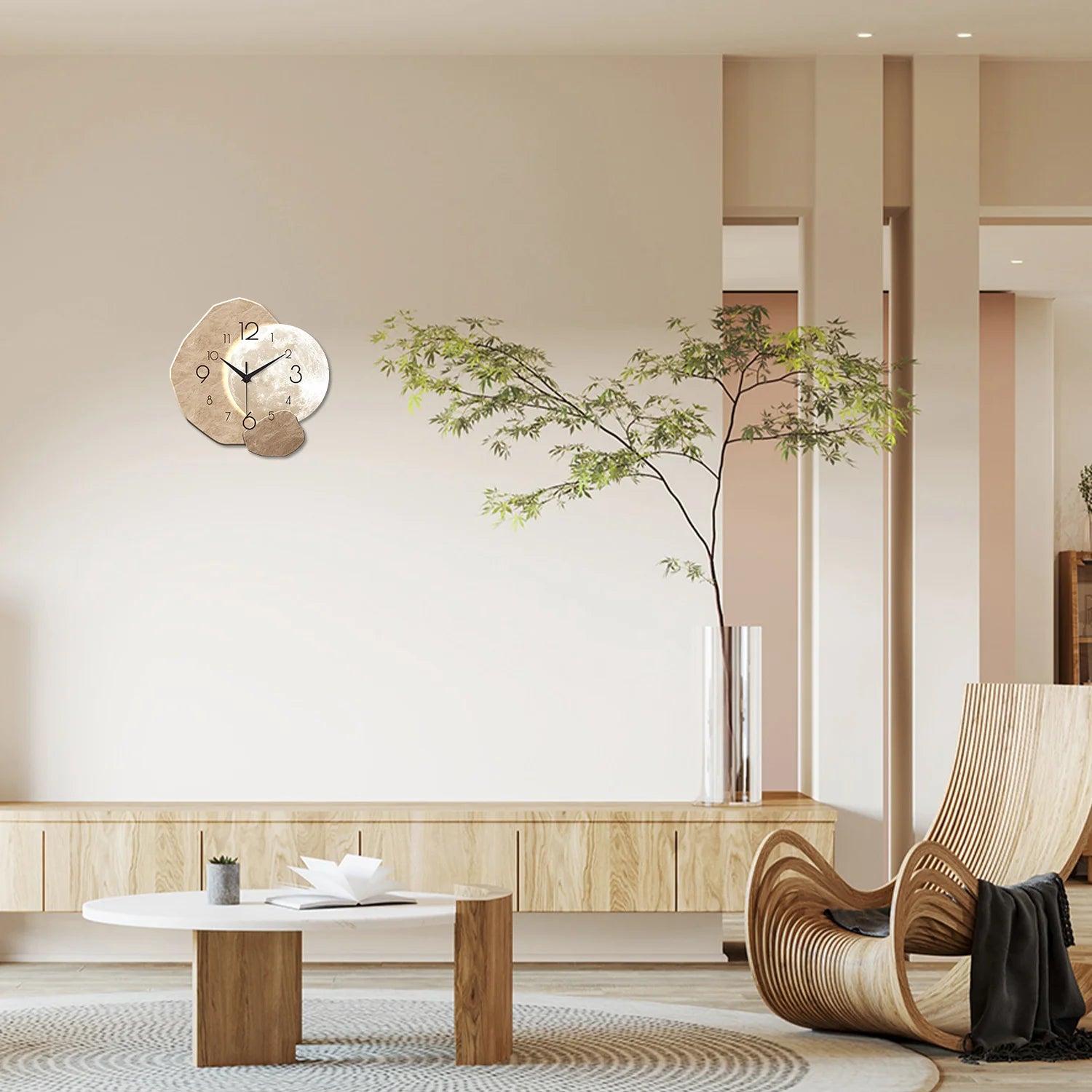 Modern Silent Wall Clock with Moon Design – Wooden, 34.7cm