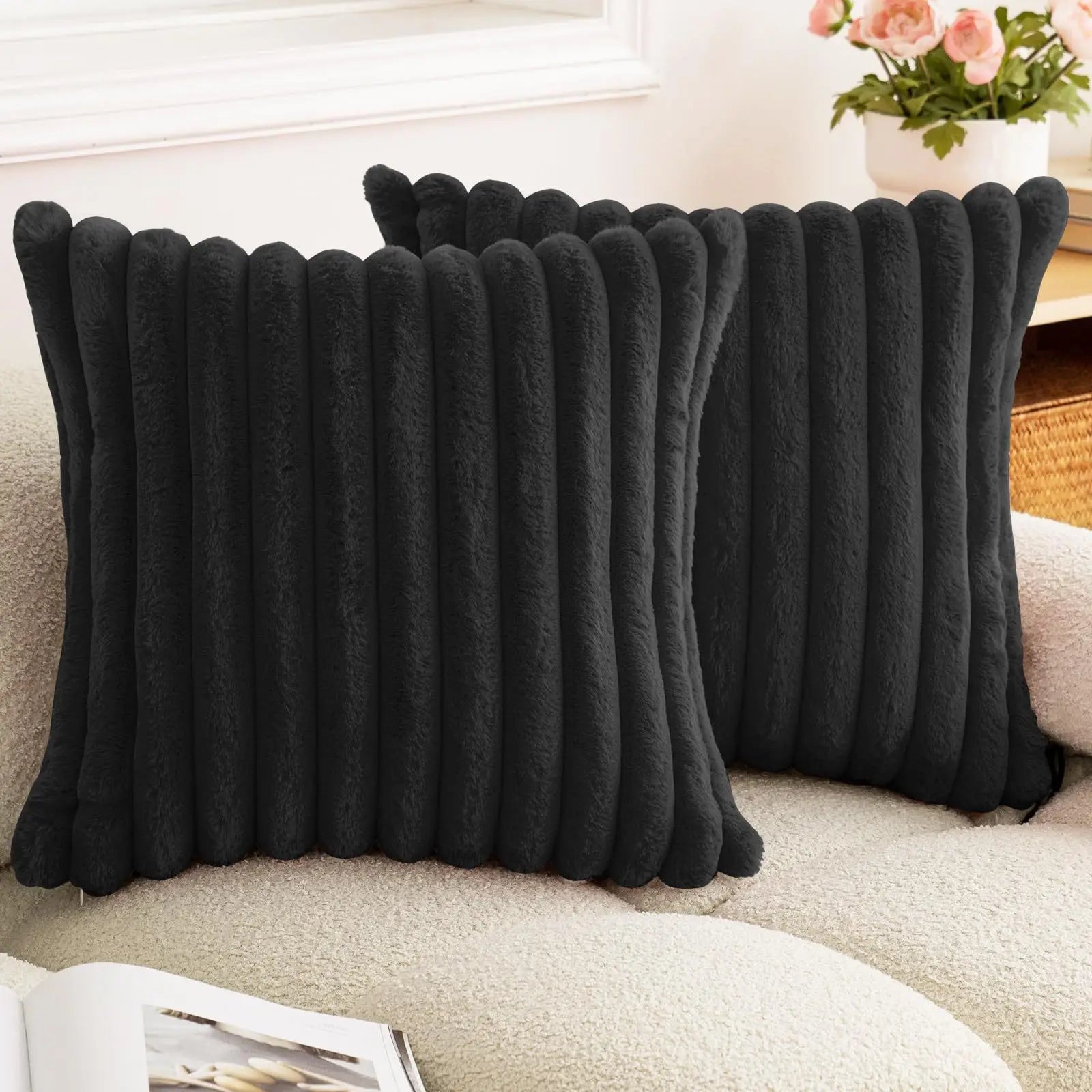 Faux Rabbit Fur Throw Pillow Cover 24x24 Striped Soft Sofa Cushion
