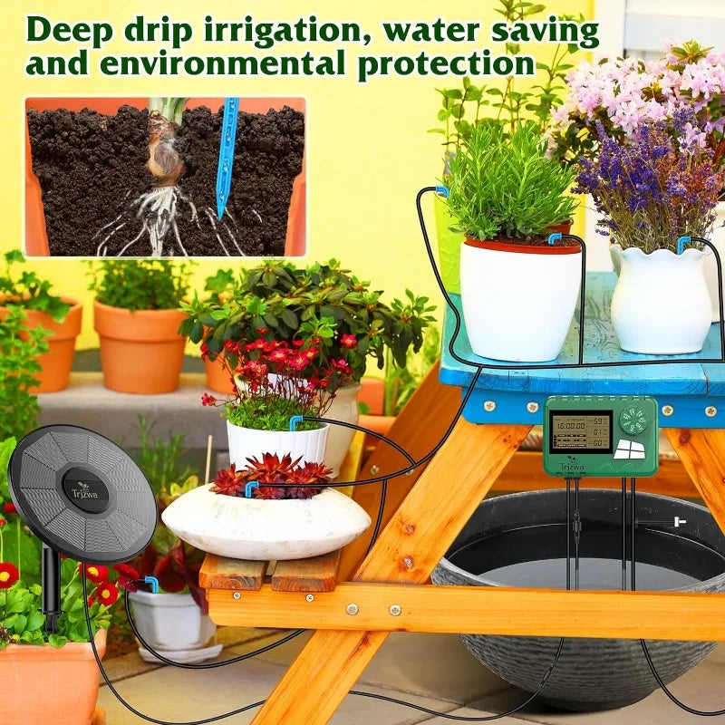 Solar Drip Irrigation Kit with Auto Timer and 15M Hose for Greenhouse and Potted Plants