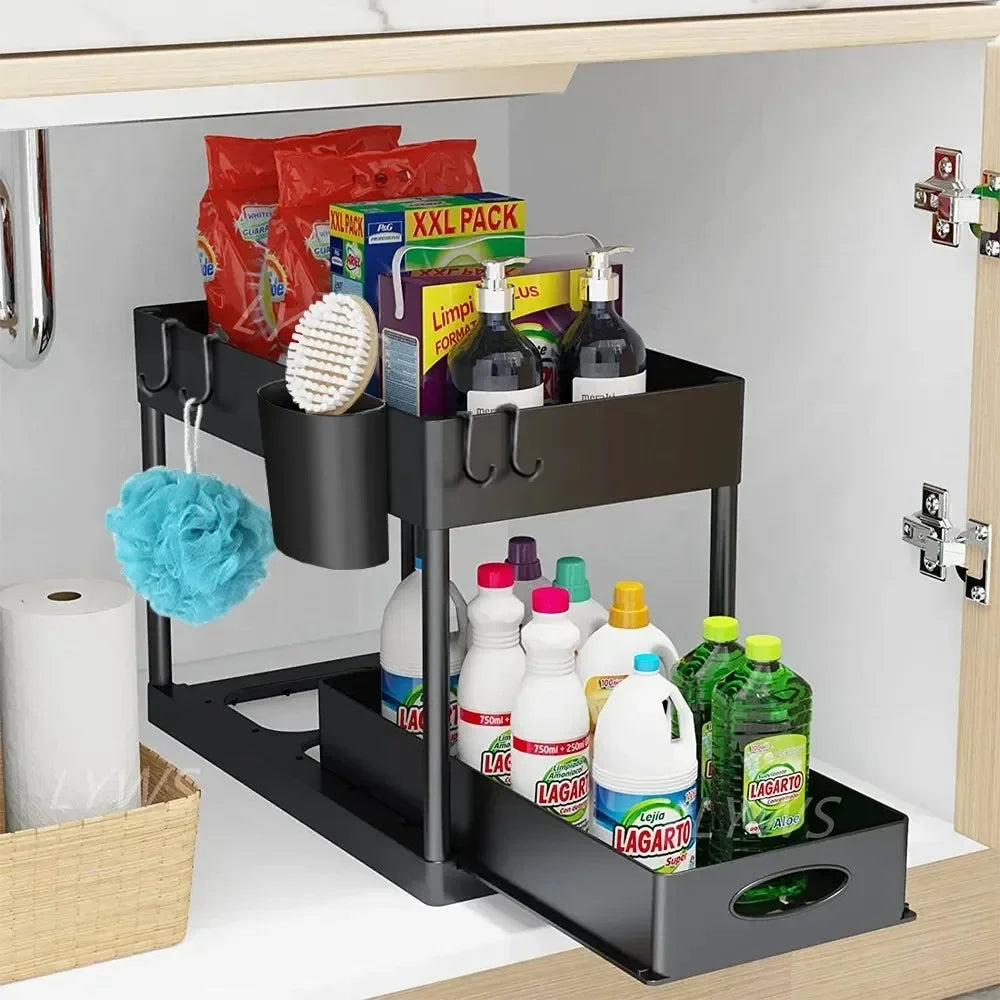 2-Tier Under Sink Organizer with Sliding Baskets and Hooks