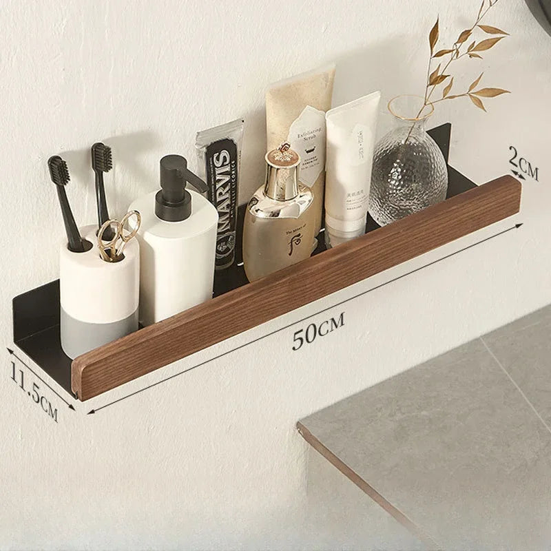 Wall Mounted Bathroom Shelf No Drill Solid Wood Storage Rack