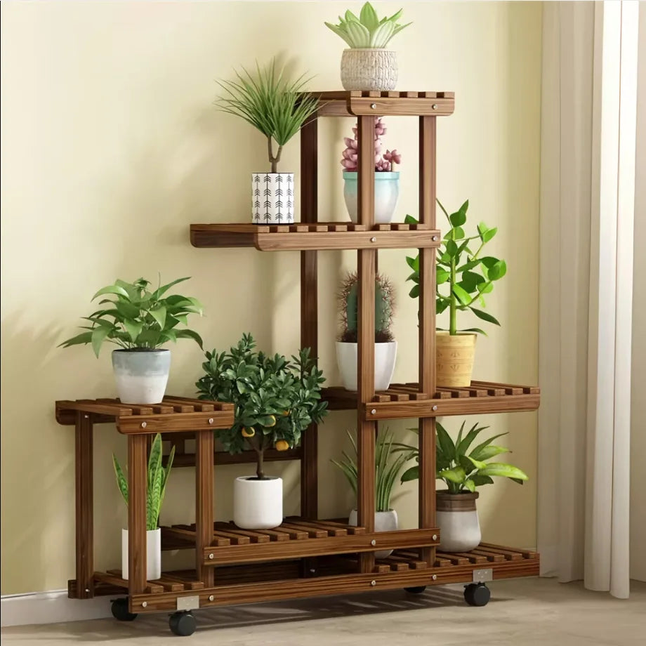Multi-Layer Wood Plant Stand Rack Rolling Flower Pot Holder with Wheels, 5-Tier Indoor Outdoor