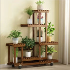 Multi-Layer Wood Plant Stand Rack Rolling Flower Pot Holder with Wheels, 5-Tier Indoor Outdoor
