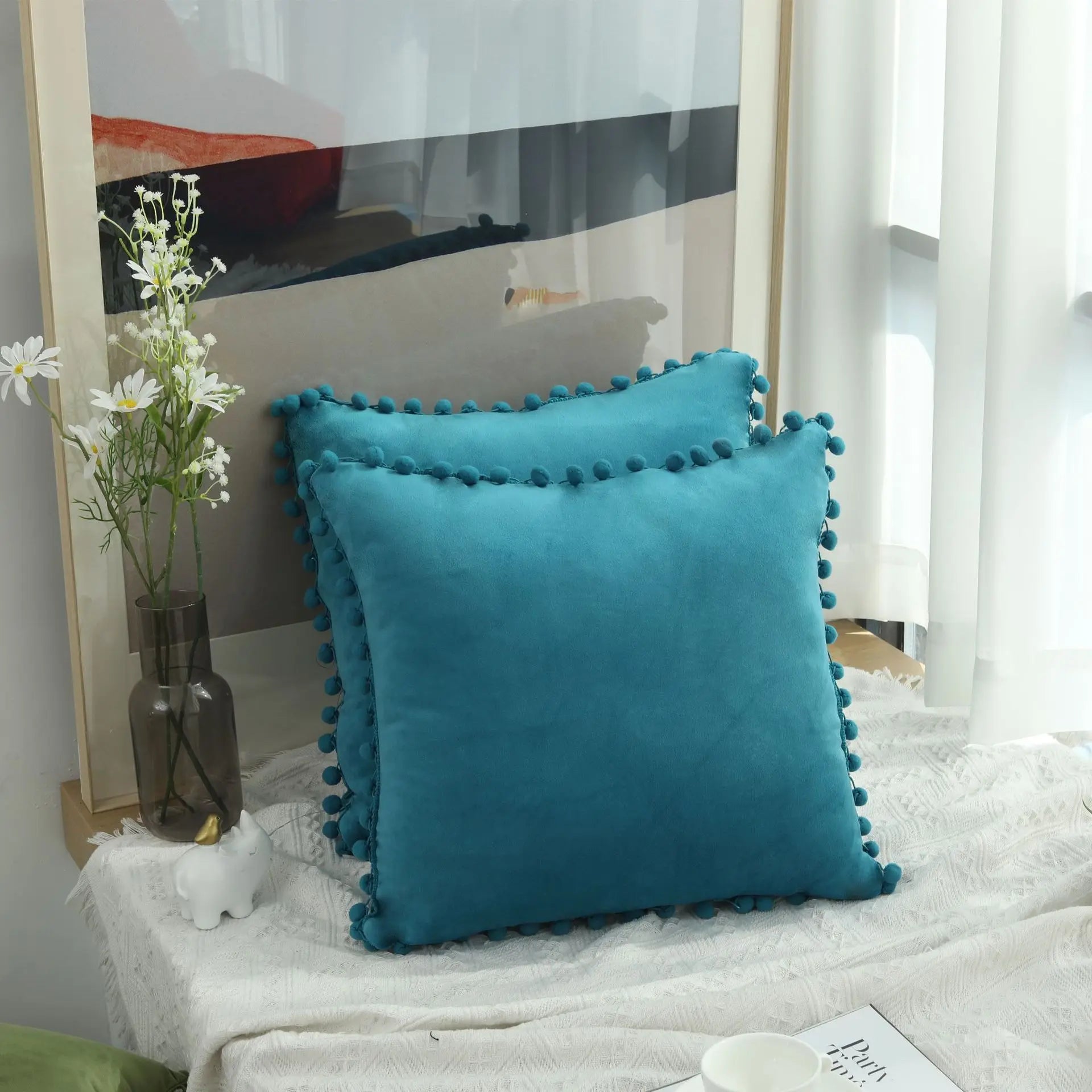 Burgundy Velvet Throw Pillow Cover with Pom Pom Trim