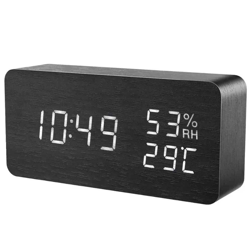 Wooden Alarm Clock Voice Control LED Digital Desk Clock USB Powered