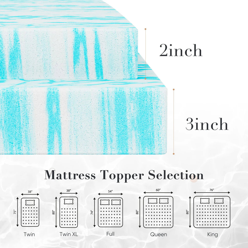 Cooling Mattress Topper Memory Foam Gel Queen 2-3 Inch Thick Breathable Bed Topper