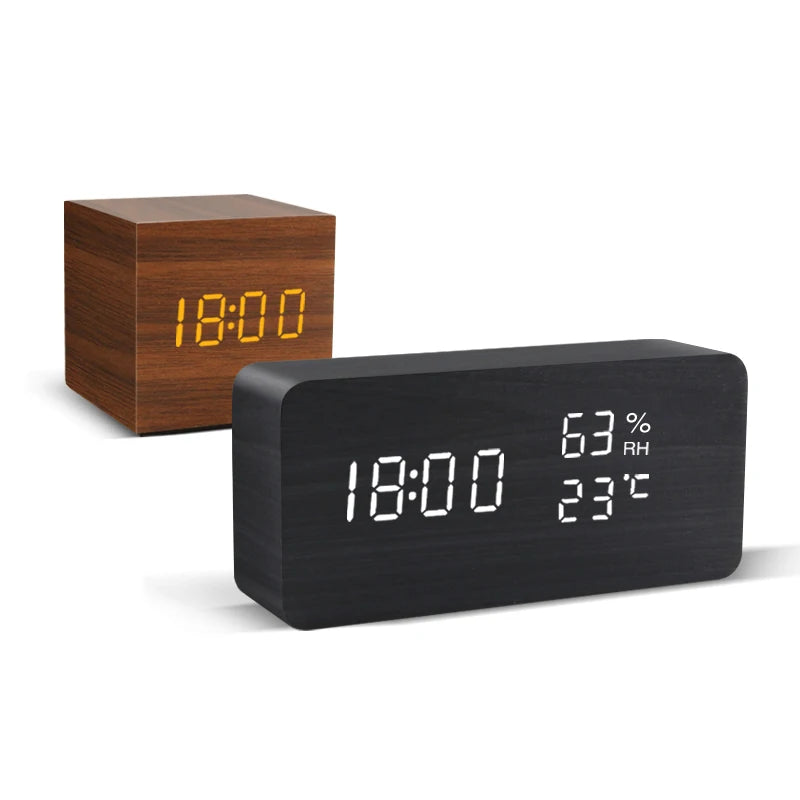 Wooden Alarm Clock Voice Control LED Digital Desk Clock USB Powered