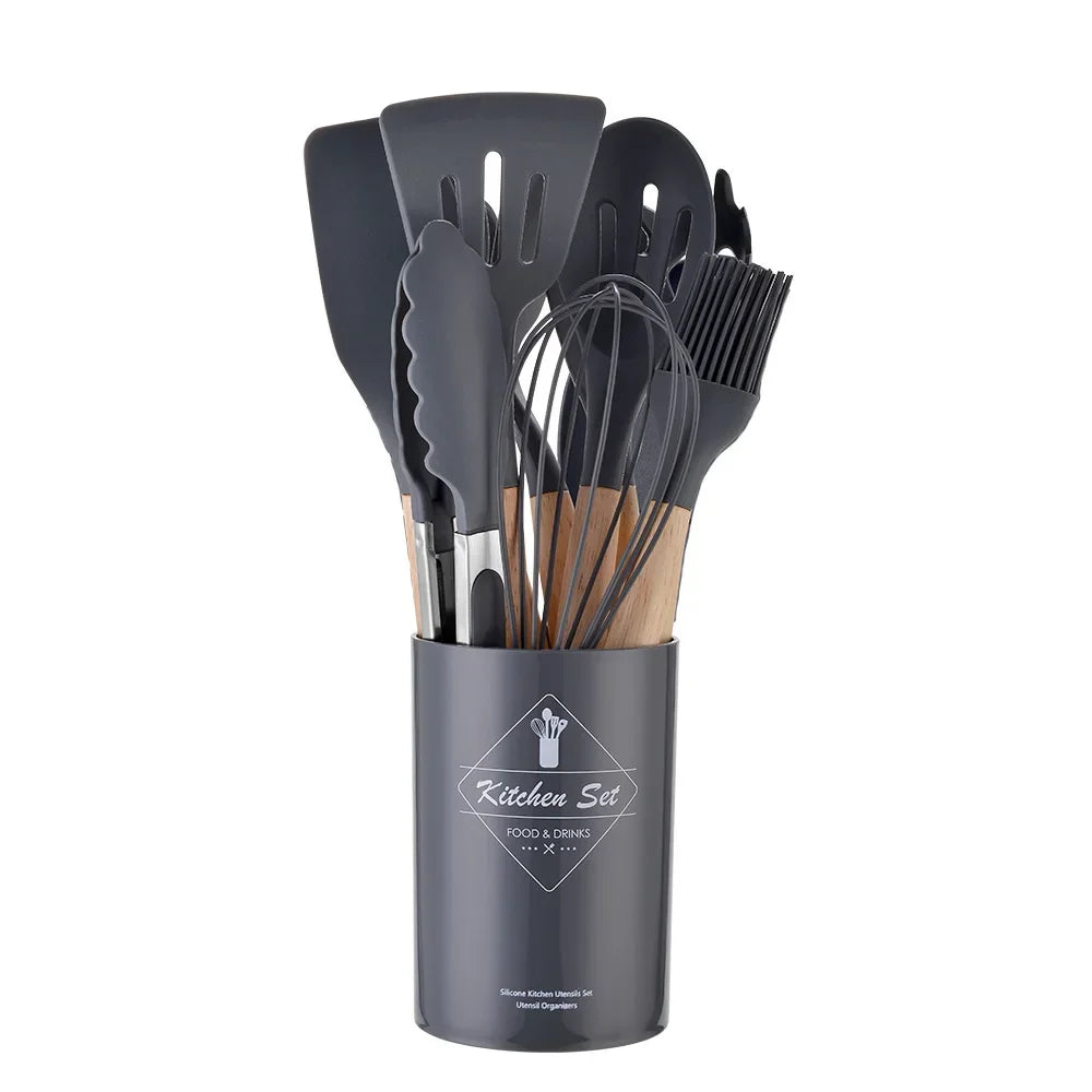 12-Piece Silicone Kitchen Utensil Set with Wooden Handles
