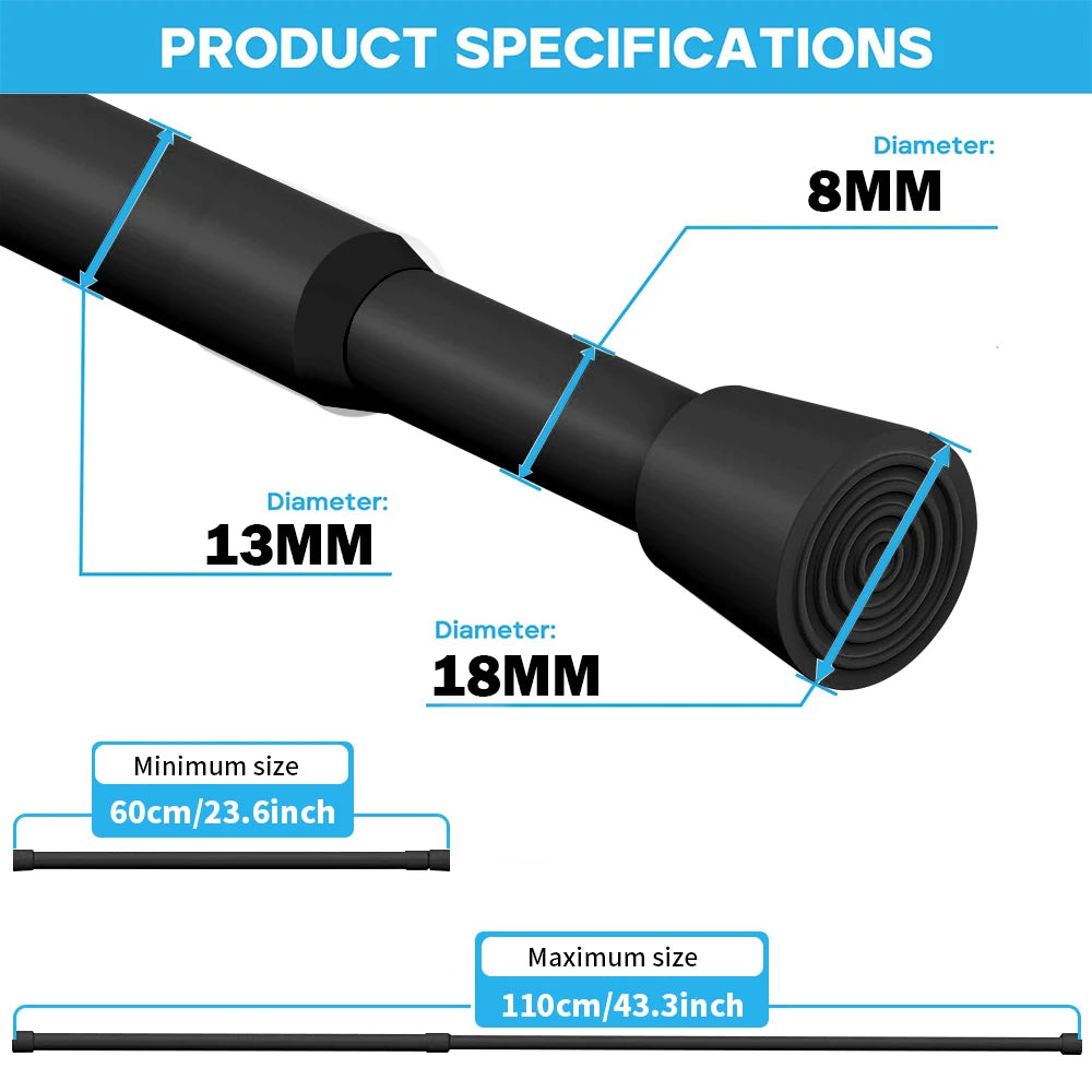 Spring Tension Curtain Rod Adjustable No-Drill Telescopic Pole