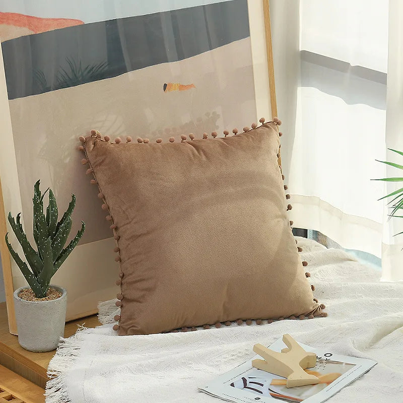 Burgundy Velvet Throw Pillow Cover with Pom Pom Trim